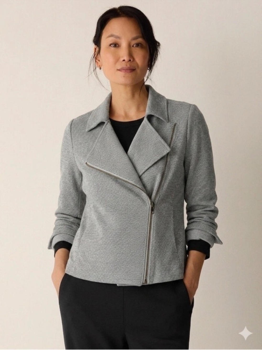 EILEEN FISHER Organic Cotton Tweed Moto Jacket, Size Small Petite.